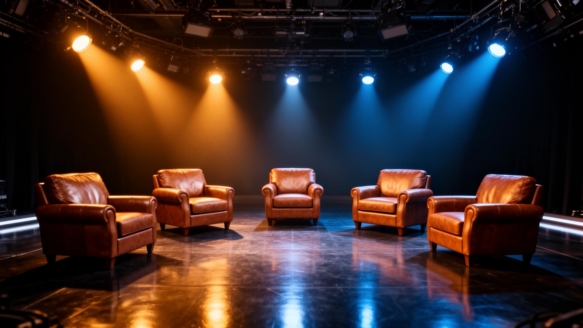 Shark Tank stage with dramatic lighting